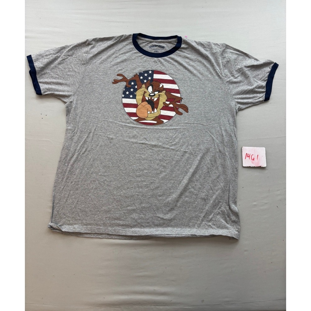 Looney Tunes Taz Tasmanian Devil American Flag Ringer Tee Gray Mens 2XL